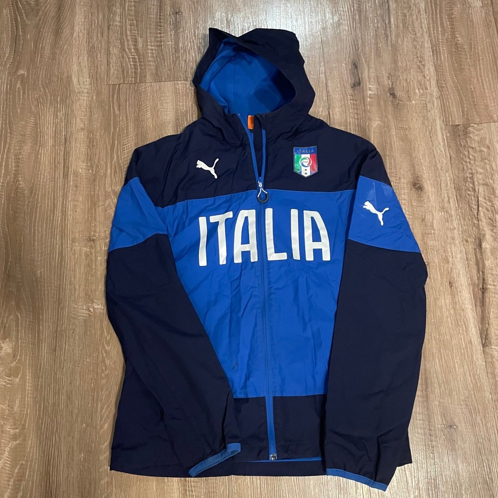 Puma Mens Italia Windbreaker Jacket Size L Blue Nylon FIGC Soccer Training Hood